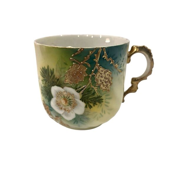 Antique PRUSSIA GERMANY Porcelain Green White Flower Raised Gold Leaves Tea Cup - Picture 1 of 8